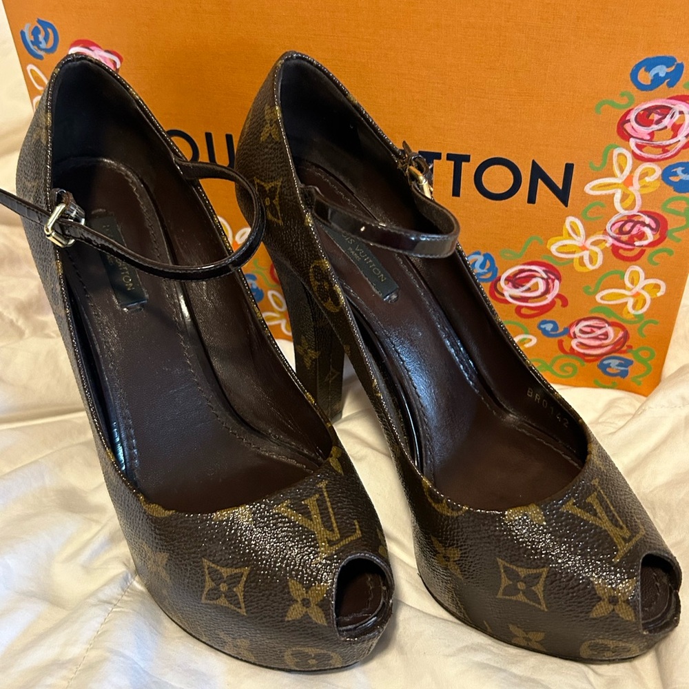 Louis Vuitton Monogram Peep-Toe Mary Jane Heels in Brown